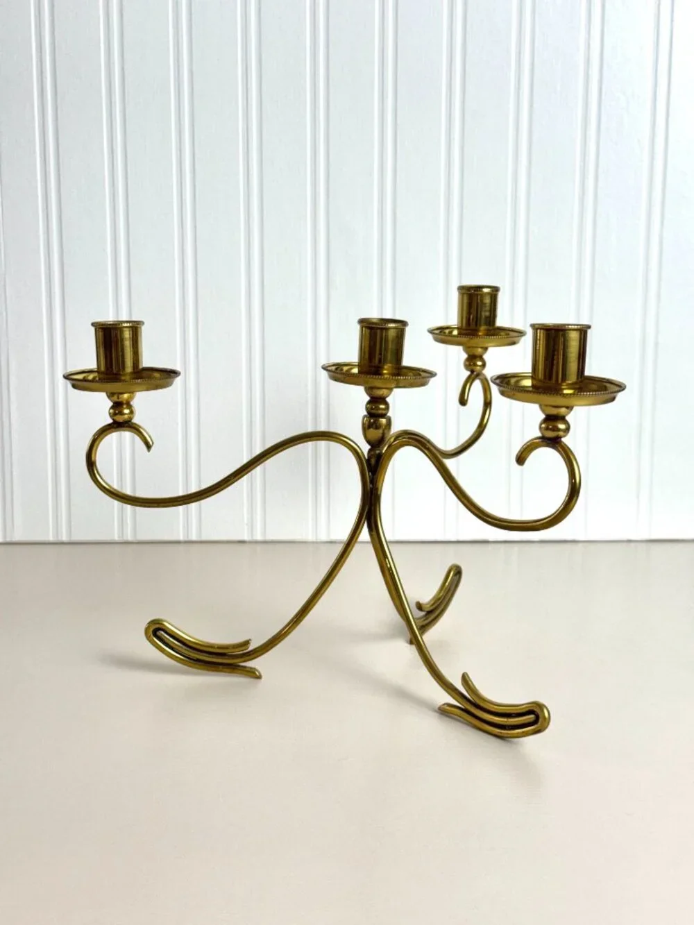 Vtg Brass Tone Candelabra 3-Arm 4-Candle Tapered Candle Stick Holder Dainty MCM